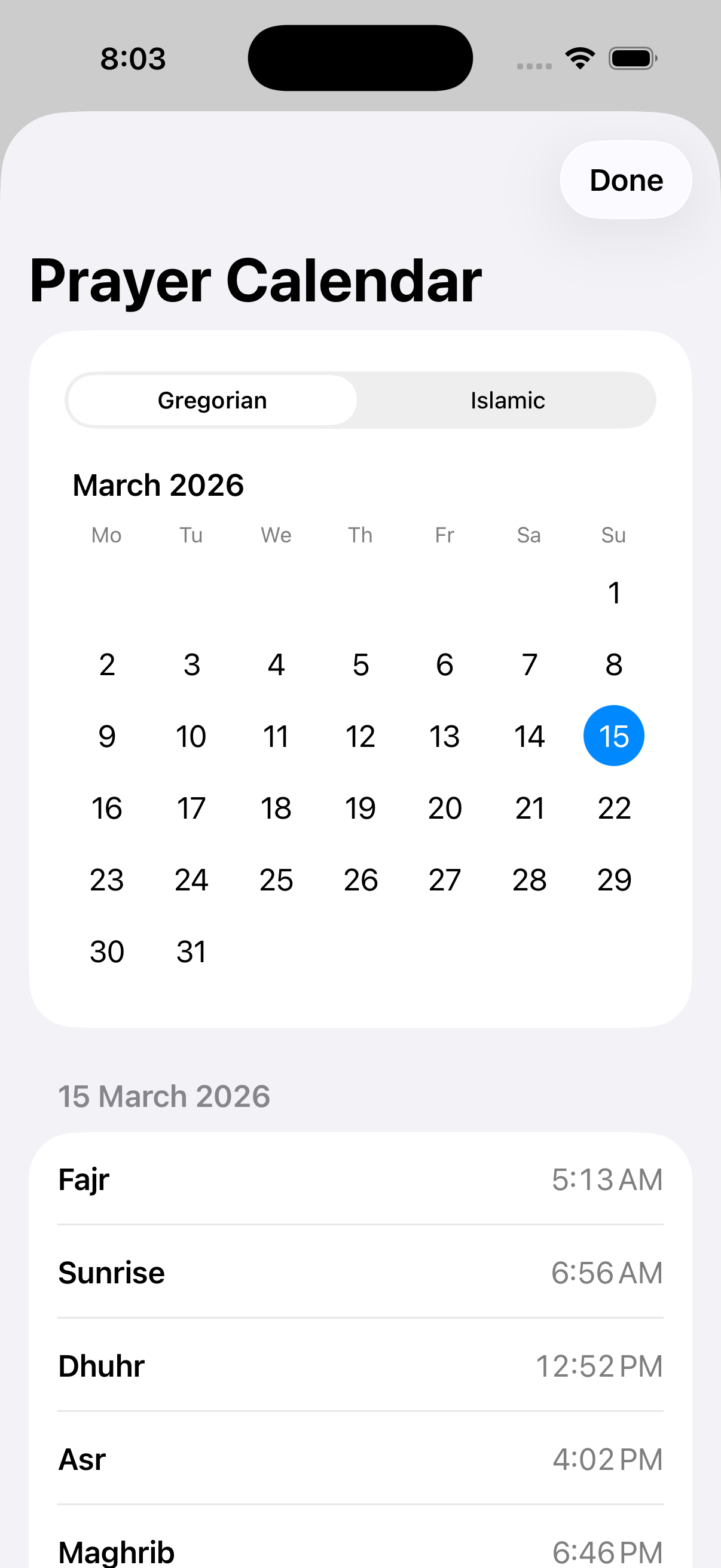 Prayer calendar screen