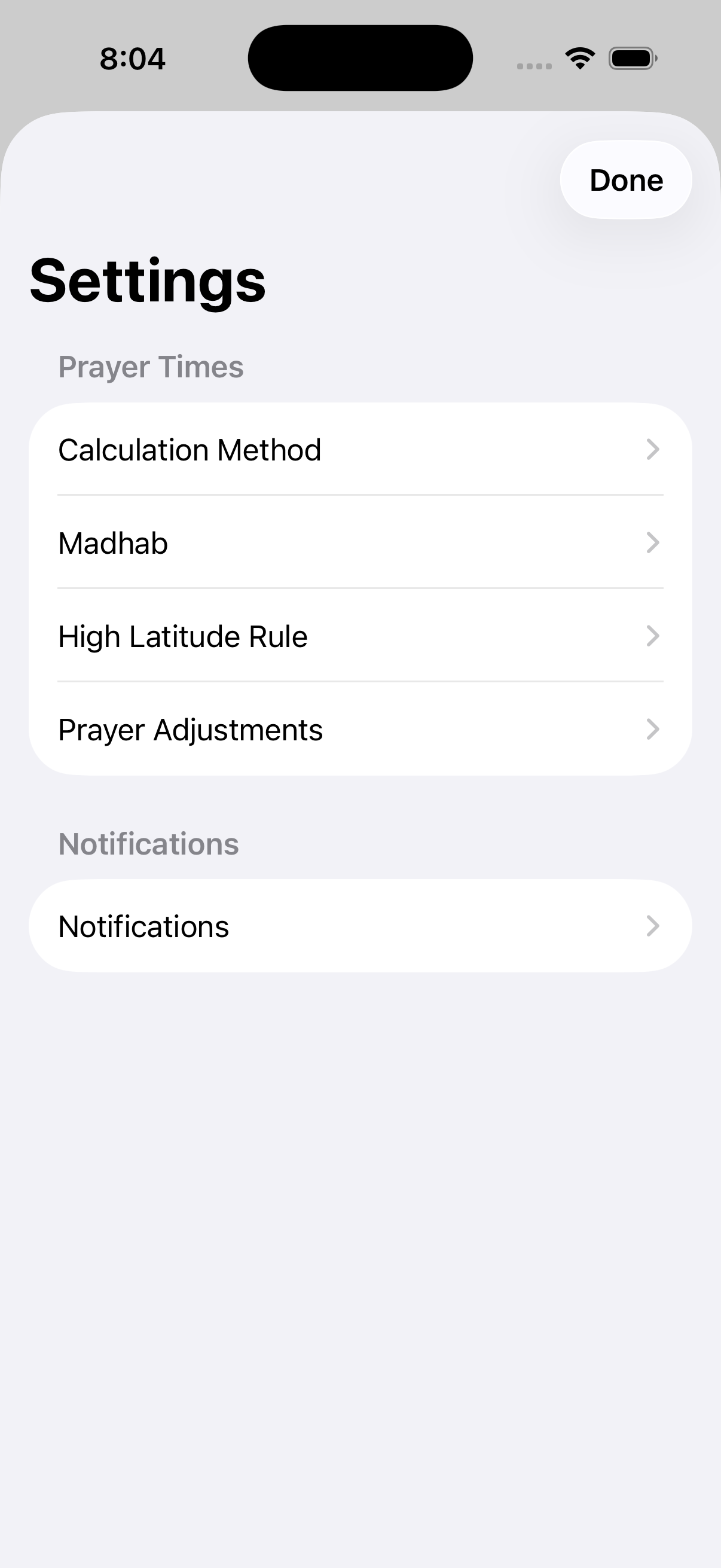 Settings screen
