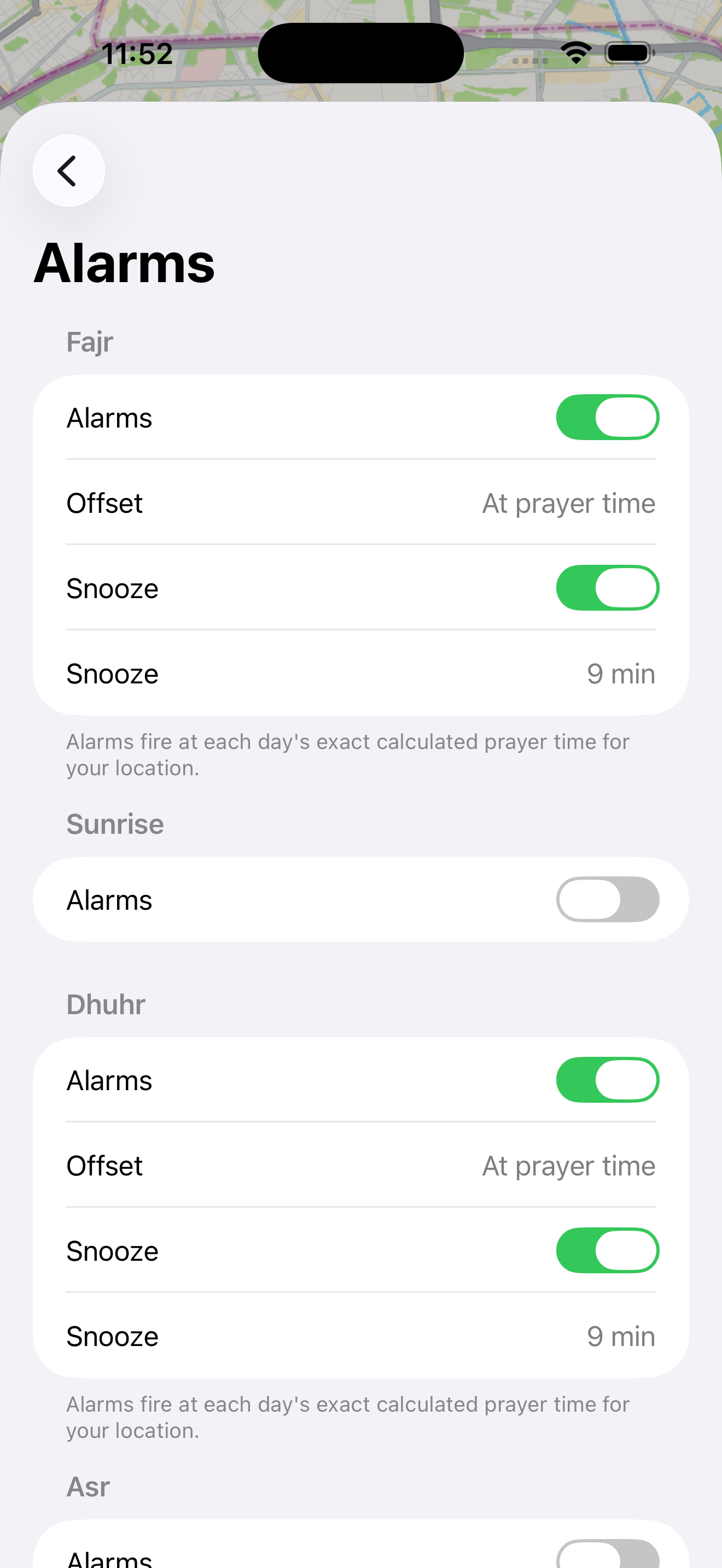 Prayer alarms settings screen