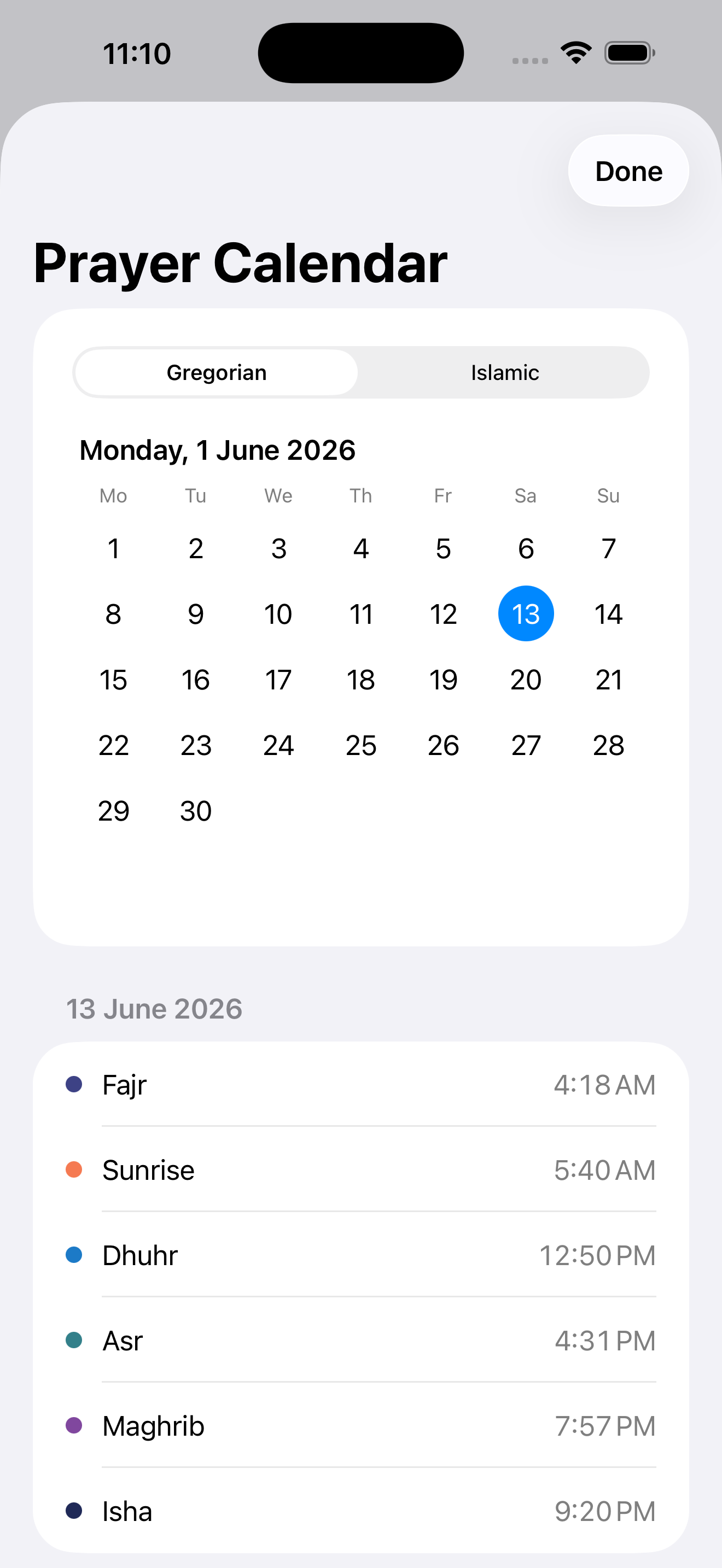 Prayer calendar screen
