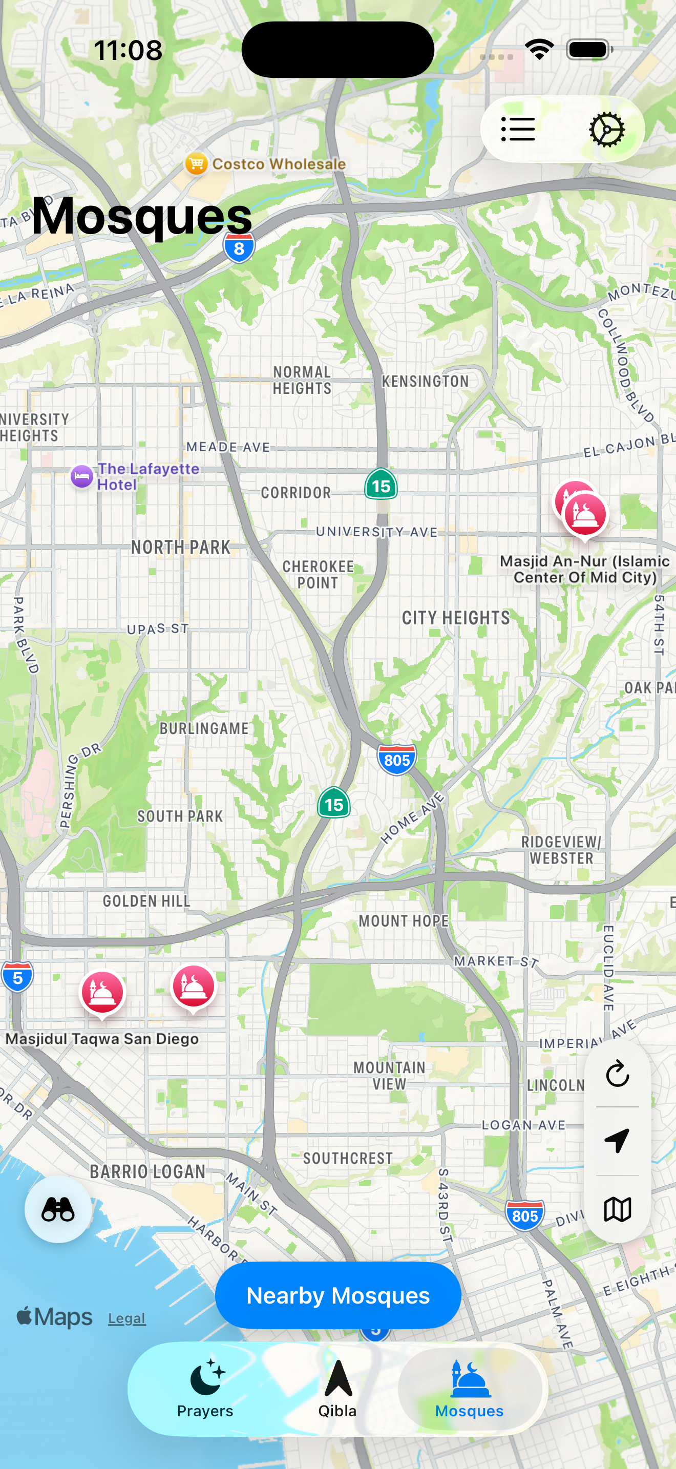 Nearby mosques map screen