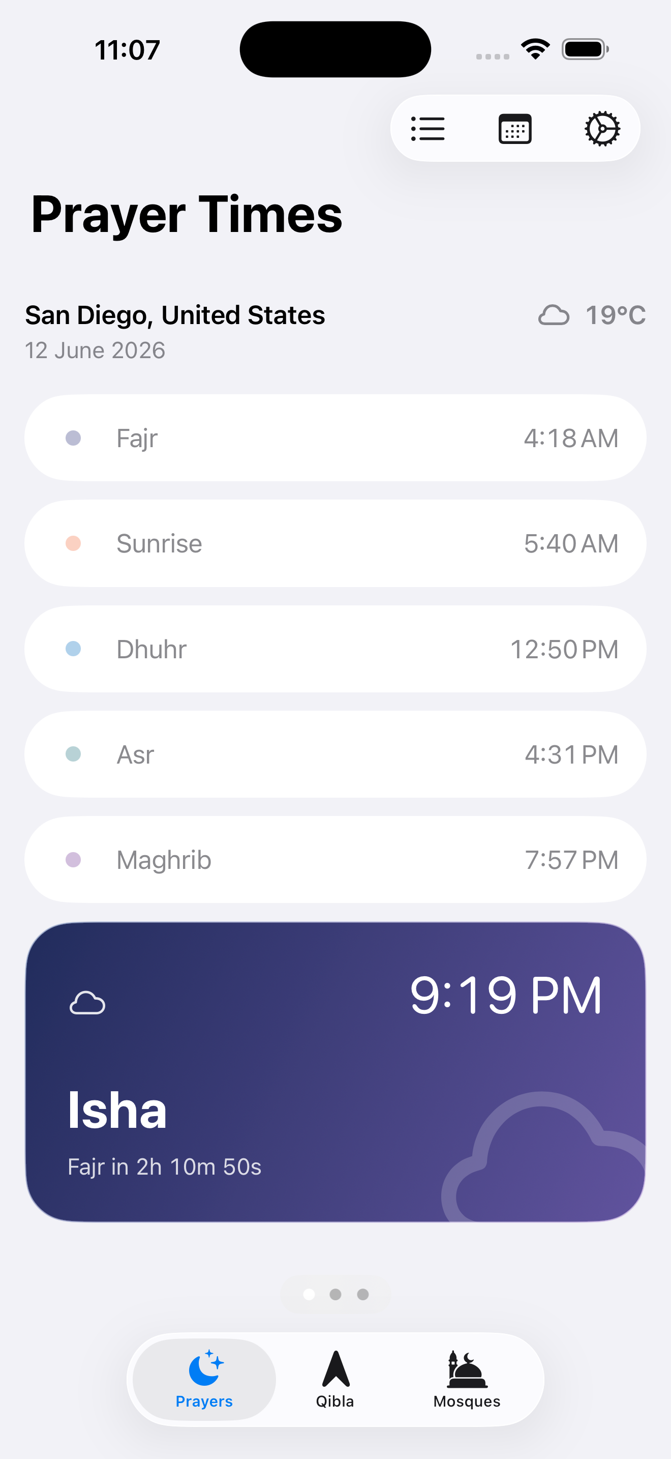 Prayer times screen