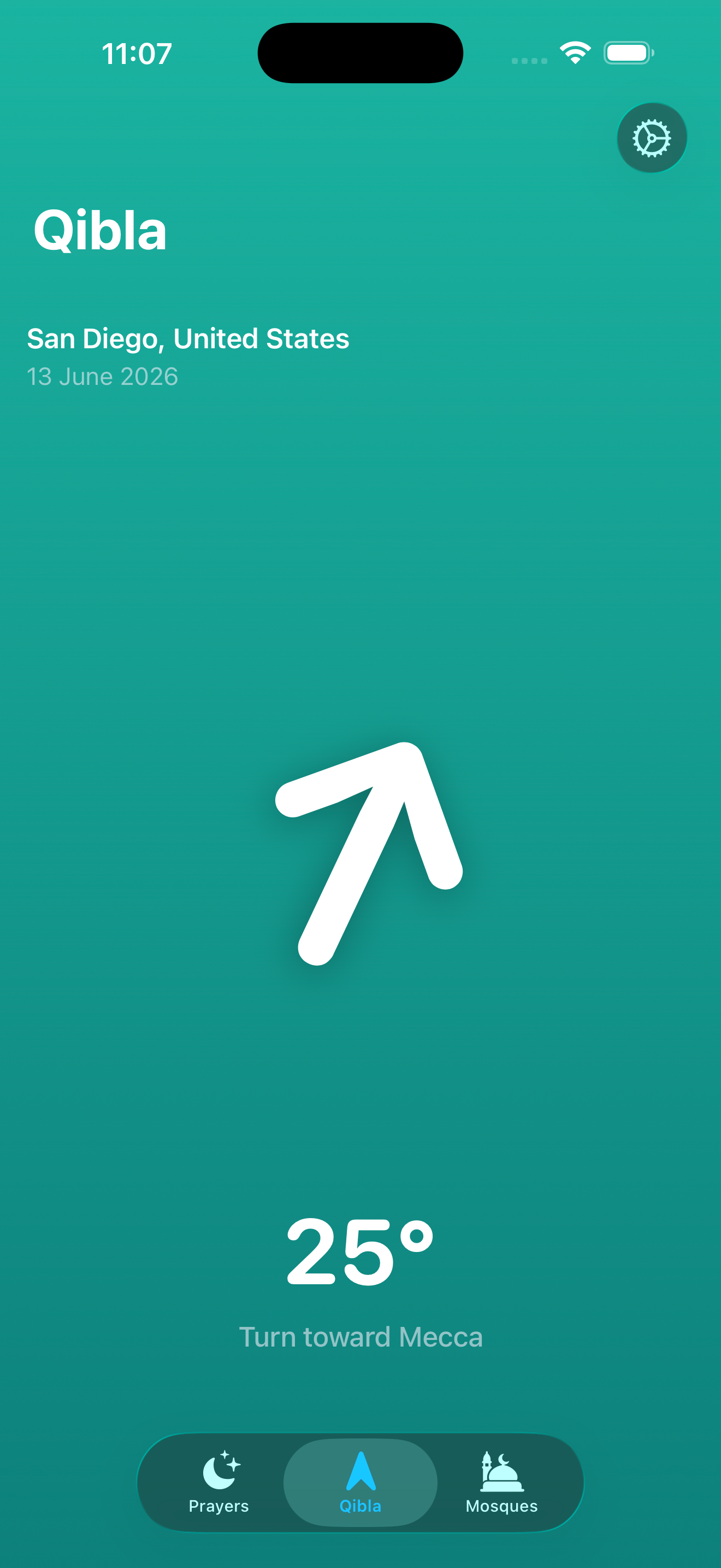 Qibla direction screen